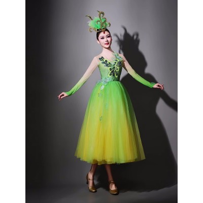 Yellow green long length ballet dance dresses  for women girls Opening dance Singing dancing costumes Contemporary dance tutu skirts for female